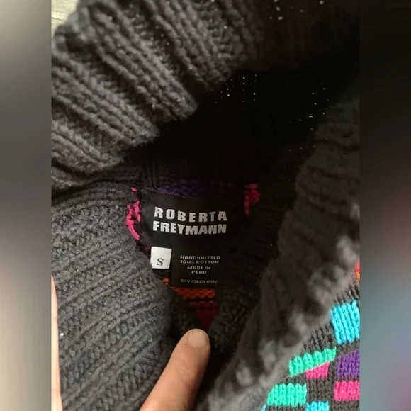 VTG ROBERTA FREYMANN Grandpa Sweater Turtleneck Funky Retro Multi Color Black S - Picture 5 of 8